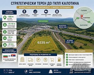 6.3 дка до ГКПП Калотина - хотел/мотел, логистика, ТИР паркинг Продажа 6335 кв.м Не находится в планировке С электричеством Водопровод | Участки под застройку, Инвестиционные проекты | Калотина
