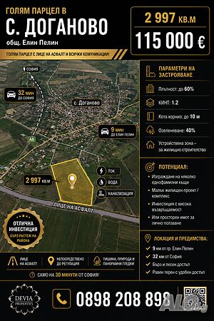 Парцел в с. Доганово, общ. Елин Пелин Продажа 2997 кв.м Предстоит включение в планировку  Без электричества Без воды | Участки под застройку, Инвестиционные проекты | Доганово