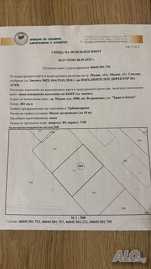 Незастроен поземлен имот Продажа 481 кв.м Под застройку (УПИ) С электричеством Водопровод | Участки под застройку, Инвестиционные проекты | Ул. Христо Ботев- квартал Възраждане Мадан